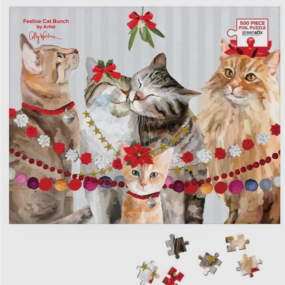 Festive Cat Puzzle with Red and Gold Accents